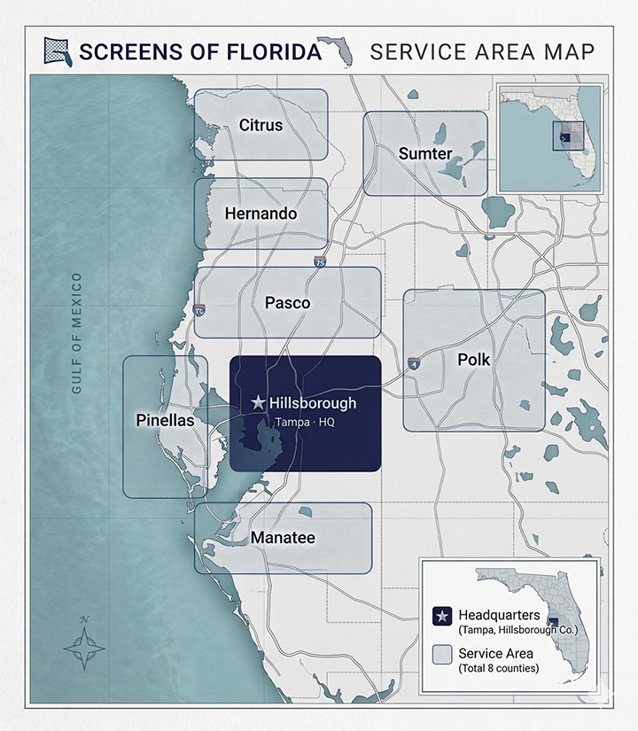 Map of the Tampa Bay service region — Hillsborough, Pinellas, Pasco, Manatee, Polk, Hernando, Citrus and Sumter counties.